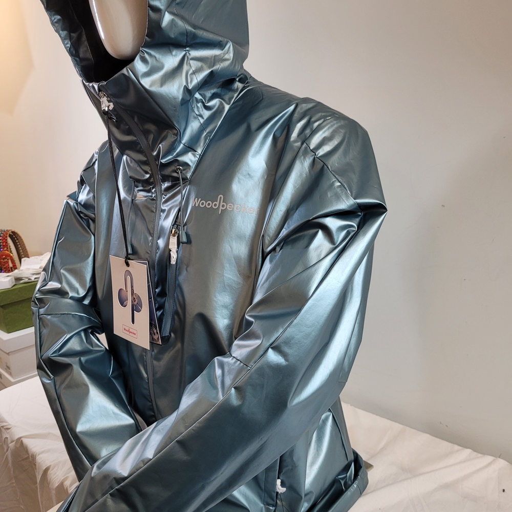 Metallic Teal Hooded Rain Jacket - Picture 5 of 12